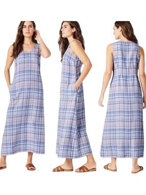 J Jill Love Linen Plaid Summer Tank Shift Maxi Dress V-Neck Plaid Checkered XS